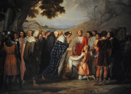 Saint Louis of France receives the crown of thorns from Baldwin II.