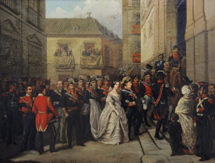 Queen Isabella II and her husband visiting the Maundy Thursday Monument at the Church of Santa Maria.