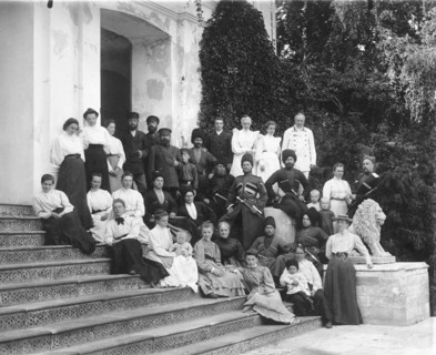 Countess PS Uvarova with family members and guests in the courtyard of the Krasnaya Gorka estate circa 1899