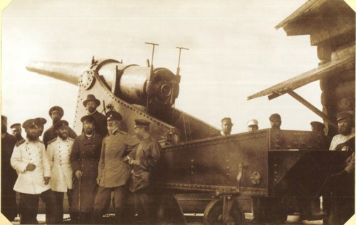 Mining chief of the Perm Cannon Plants Nikolai Gavrilovich Slavyanov in a group of plant engineers and artillery acceptance officers at the factory range
