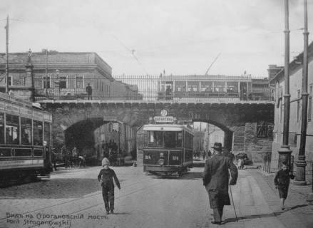 City scene of trams or trolley cars in Odessa