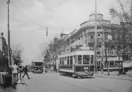 This is photo view of Odessa Ukraine street scene with trolley or tram  circa early 1900s