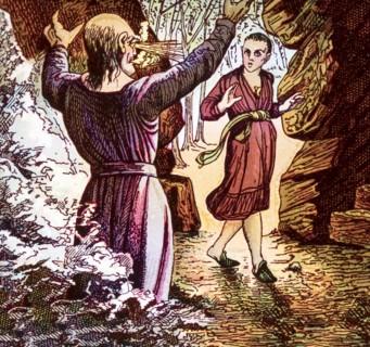 Aladdin and the Genie after rubbing the lamp.