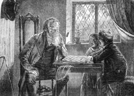 An Old Man Playing Chess Against Two Children In Their Home.