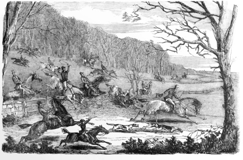 Fox Hunting Running Through Countryside.