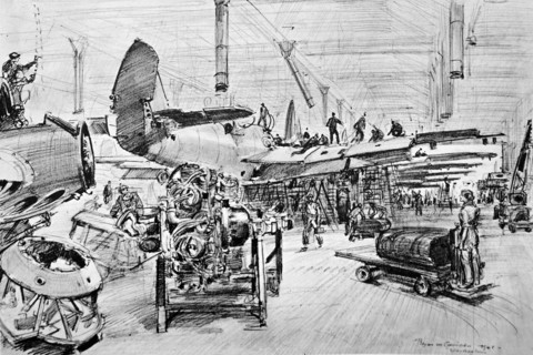 Beaufighter assembly line with plane on left waiting for engines to be fitted.