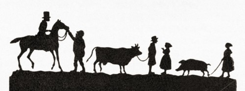 Paper silhouette depicting people taking their animals to market.