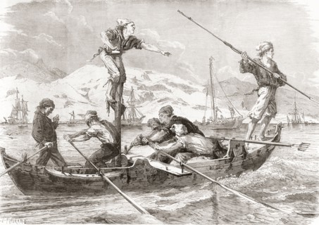 Fishermen using harpoons to catch swordfish on the coast of Sicily in the 19th century.