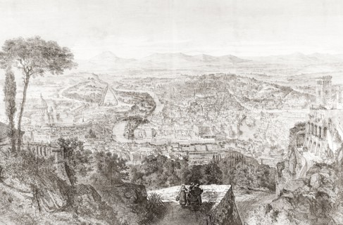 A bird's eye view of Rome, Italy in the 19th century.