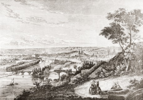 A view of Rouen, France in the 19th century.