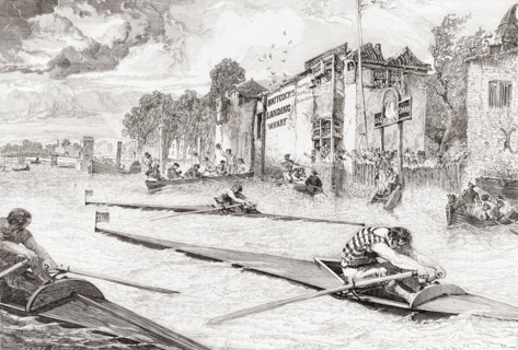 Canoe racing on the River Thames, England in the 19th century.