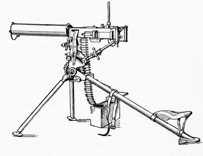 A machine gun mounted on a tripod, used during WWI.
