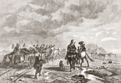 French military convoy taking advantage of low tide to go from jersey to Fort Elizabeth prior to the Battle of Jersey in 1781 during the Anglo-French War.