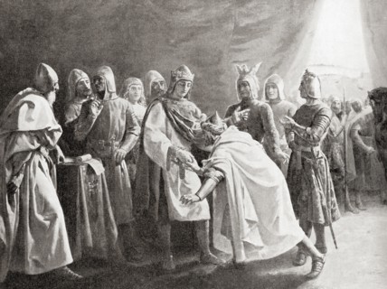 The surrender of Granda, Spain by Muhammad XII to Ferdinand II in 1492.