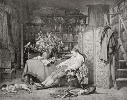 Linnaeus at home asleep in a chair after returning from one of his botanical excursions.