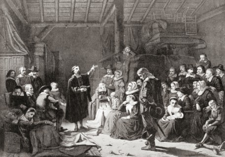 The first meeting of the Pilgrim Fathers.