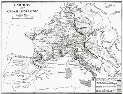 Map of France showing the Empire of Charlemagne.