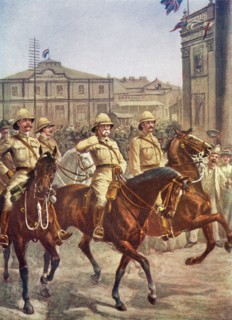 Lord Roberts enters the city of Kimberley, South Africa after the relief of the besieged city during February 1900.