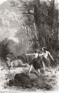 Neanderthal hunters kill a reindeer during prehistoric times.