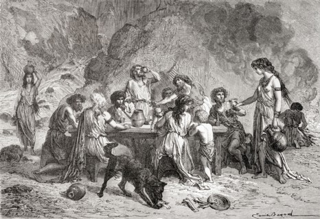 Men and women eating and drinking during the Bronze Age.
