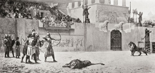 An Assyrian king practices the killing of lions.