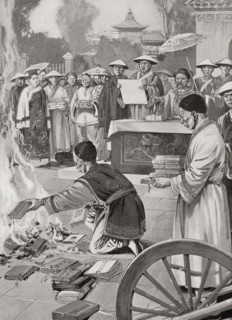 The burning of texts in 213 BC by the First Emperor of the Qin dynasty of ancient China, Qin Shi Huang.