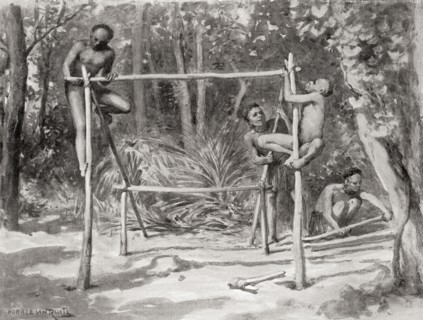 Early Indian natives building a shelter by tying together poles and covering with leaves.
