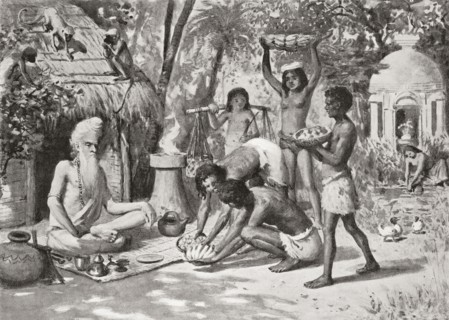 A hermit in ancient India seen here being brought food by the younger generation.