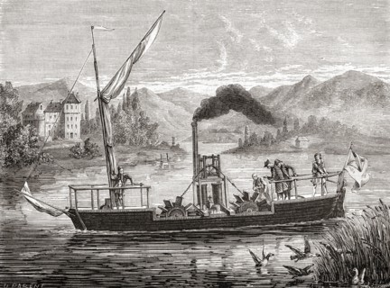 The first trial of the Dalswinton steamboat at Dalswinton Loch, Scotland in 1788.