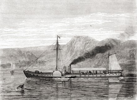 Robert Fulton's The North River Steamboat of Claremont navigating from New York to Albany on the Hudson River.