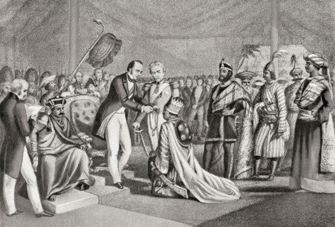 The Rajas of Rewa, Benares and Chikari being decorated for their loyalty to the English during the Indian Mutiny by Lord Canning at Cawnpore in 1859.