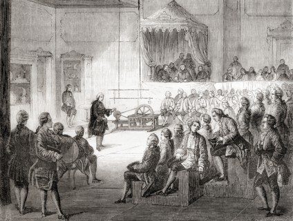 Nollet conducting a physics course at the college of Navarre in 1754.