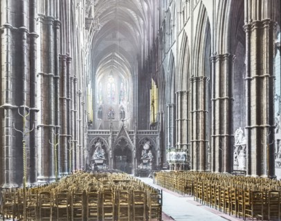 A beautifully hand coloured slide of the Nave at Westminster Abbey.