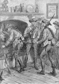 Colonial troops surprising the Boers at the Lubbes Hoop farm.