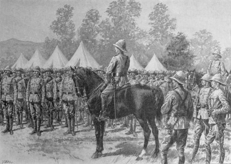 Sir G. White congratulating Natal volunteers on capturing guns at Lombard's Kop.