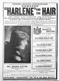 Mrs Brown Potter advertisement promoting the use of hair tonic and restorer.