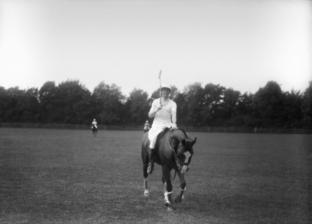Man on horse at the end of a game of polo.