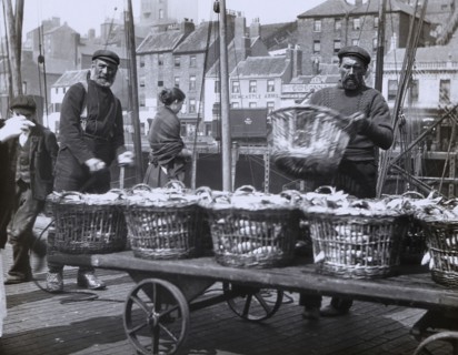 Fishermen unloading herring at North Shields Fish Quay.