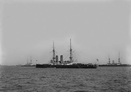 Victorian Navy colours, before the introduction of Battleship Grey & funnel bands to aid identification of individual ships within a class.