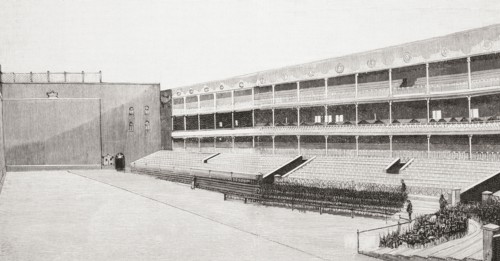 Interior of the Fiesta Alegre Fronton court and stands.