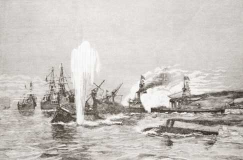 Sea battle between battleships and torpedo boats.