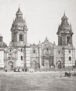 The facade of The Basilica Cathedral of Lima.