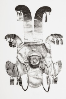 The head of a warrior with gold ornamentation worked by the Quimbaya civilization.