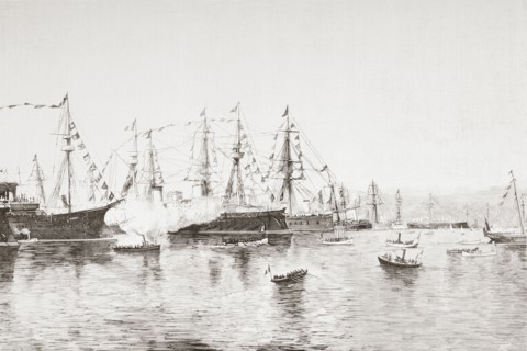 The visit of king Umbert I to the Spanish warship Pelayo during the The Columbian Festivals in Genoa.