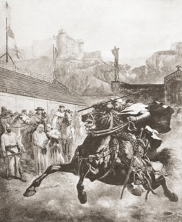 Pedro II of Aragon arriving for a proposed duel with Charles of Anjou.