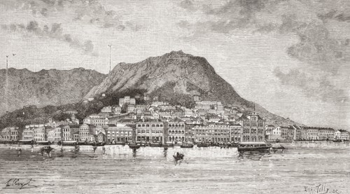 A view of Hong Kong in the 19th century showing the two new stations for the Peak Tram funicular railway.