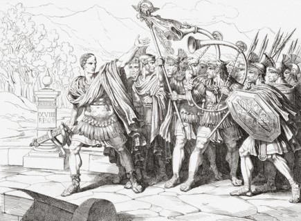 Julius Caesar poised to cross the Rubicon in 49 BC.