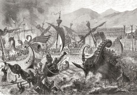 Naval combat in the colosseum in ancient Rome.