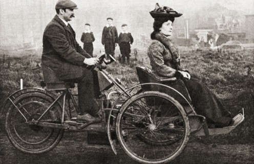 A Combination bicycle which carried the passenger in front and slightly to the left of the rider to enable him to see the road.