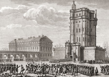 Soldiers drive away a rioting mob bent on destroying the Chateau de Vincennes.